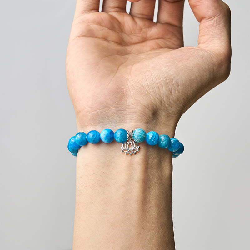 Natural Apatite & 925 Sterling Silver Lotus Charm Creativity Bracelet