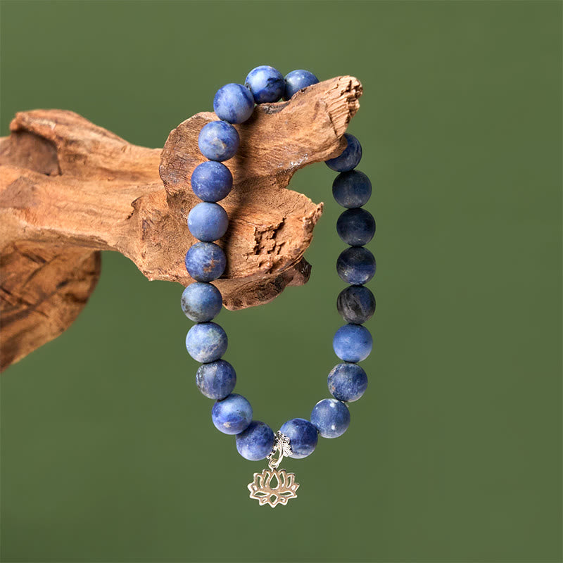 Natural Sodalite and 925 Sterling Silver Lotus Charm Beaded Harmony Bracelet