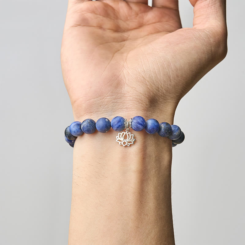 Natural Sodalite and 925 Sterling Silver Lotus Charm Beaded Harmony Bracelet