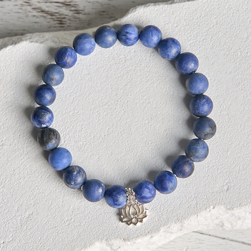 Natural Sodalite and 925 Sterling Silver Lotus Charm Beaded Harmony Bracelet