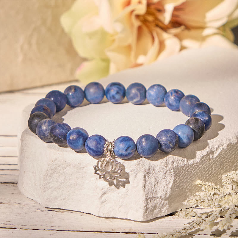 Natural Sodalite and 925 Sterling Silver Lotus Charm Beaded Harmony Bracelet