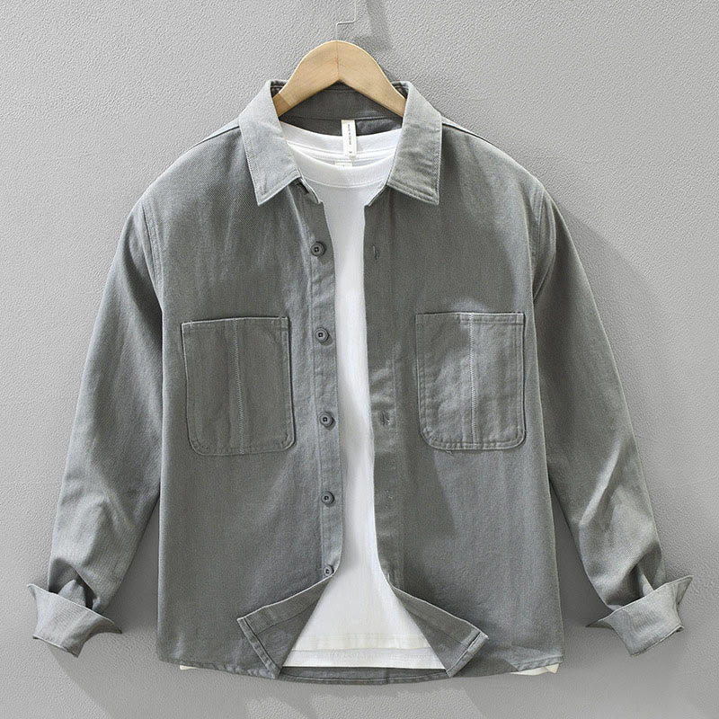 Spring Commute Buttons Long Sleeve Shirt Men Cotton Clothing With Pockets