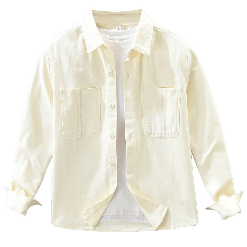 Spring Commute Buttons Long Sleeve Shirt Men Cotton Clothing With Pockets