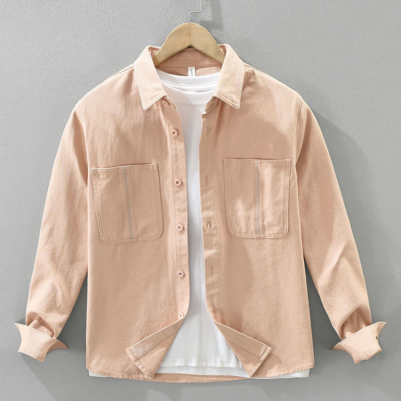 Spring Commute Buttons Long Sleeve Shirt Men Cotton Clothing With Pockets