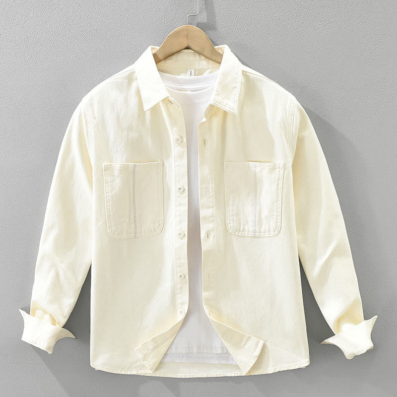 Spring Commute Buttons Long Sleeve Shirt Men Cotton Clothing With Pockets
