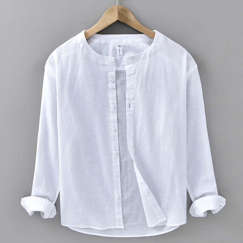 Men's Spring Pure Color Stand Collar Cotton Linen Long Sleeve Shirt