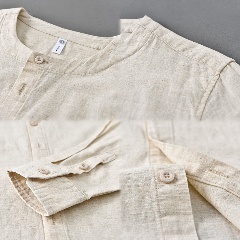 Men's Spring Pure Color Stand Collar Cotton Linen Long Sleeve Shirt