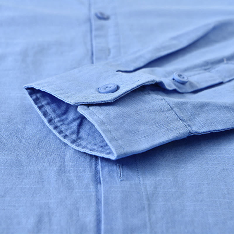 Men's Spring Pure Color Stand Collar Cotton Linen Long Sleeve Shirt