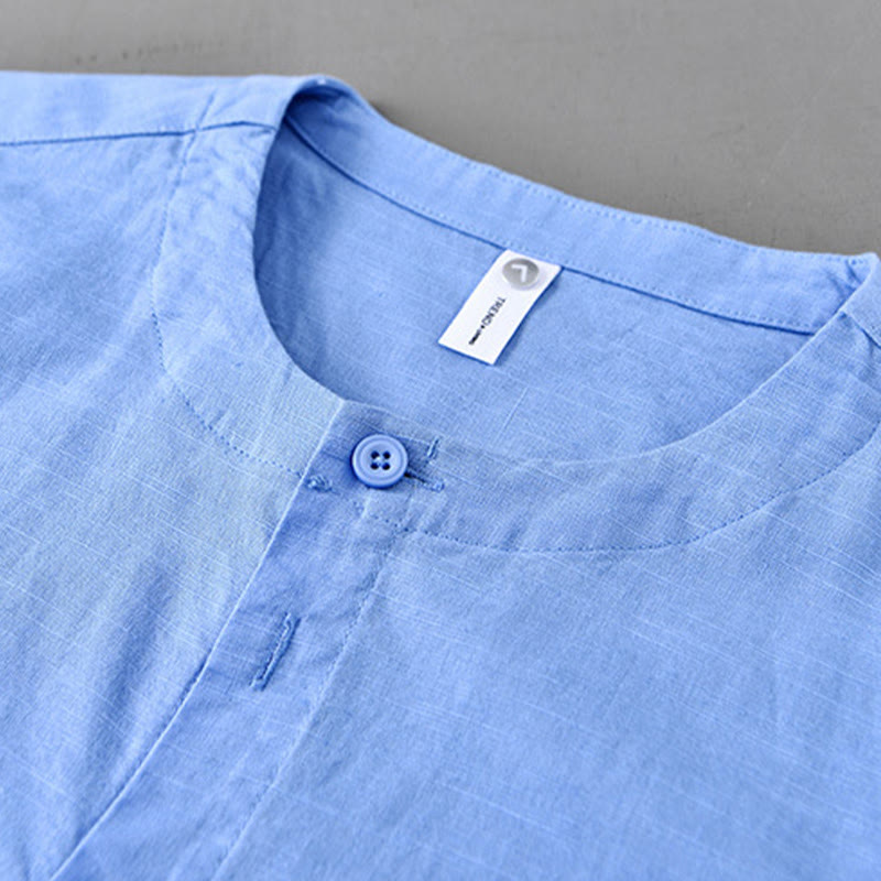 Men's Spring Pure Color Stand Collar Cotton Linen Long Sleeve Shirt