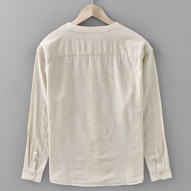 Men's Spring Pure Color Stand Collar Cotton Linen Long Sleeve Shirt