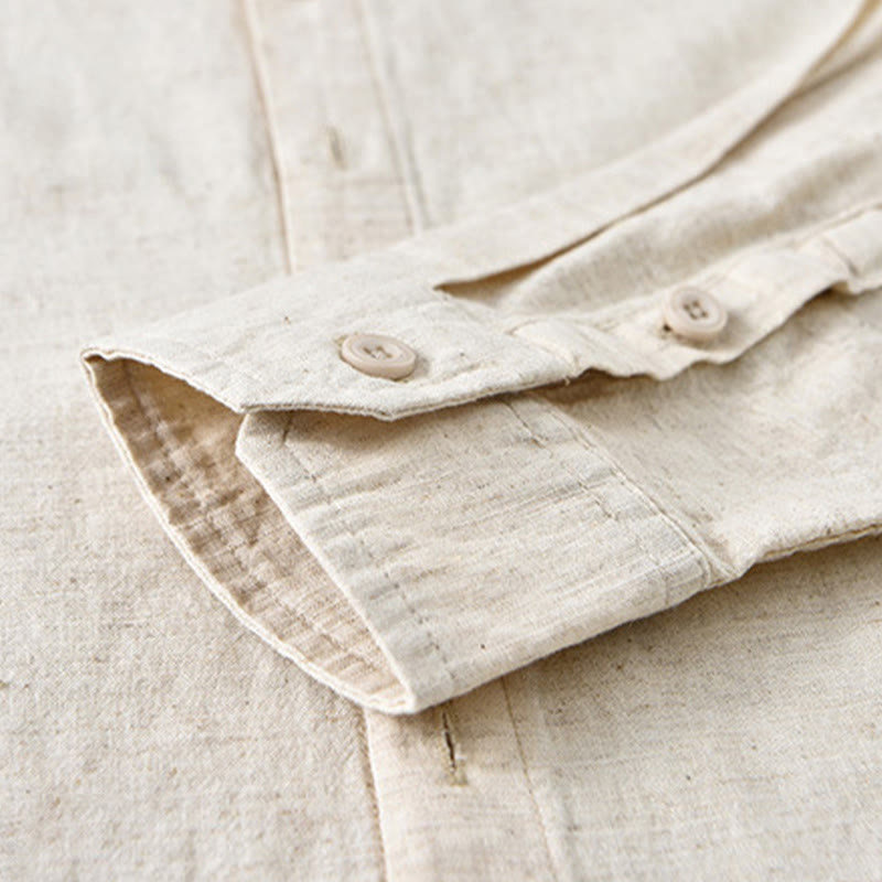 Men's Spring Pure Color Stand Collar Cotton Linen Long Sleeve Shirt