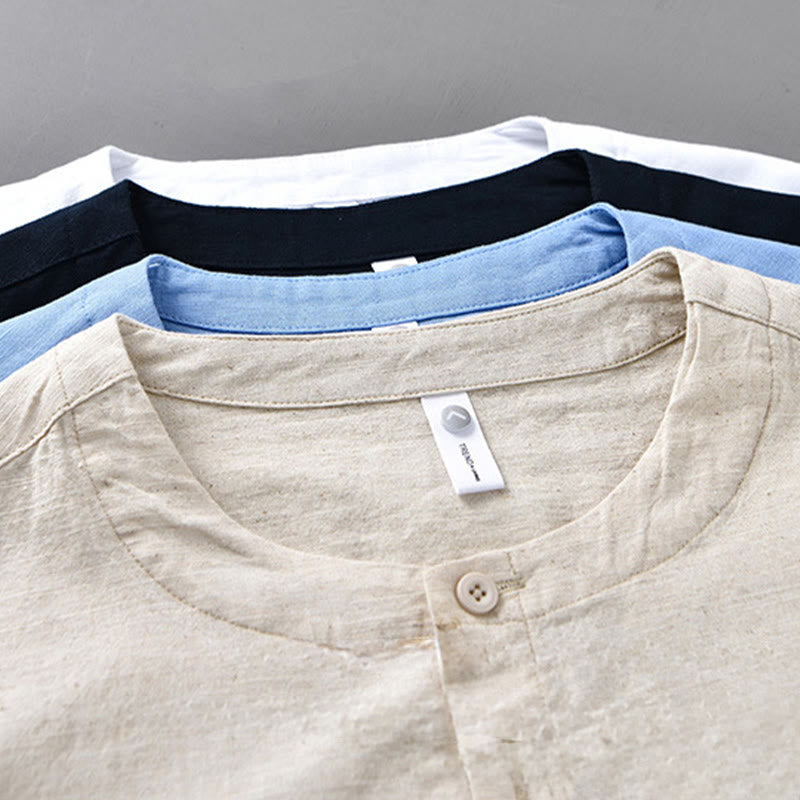 Men's Spring Pure Color Stand Collar Cotton Linen Long Sleeve Shirt