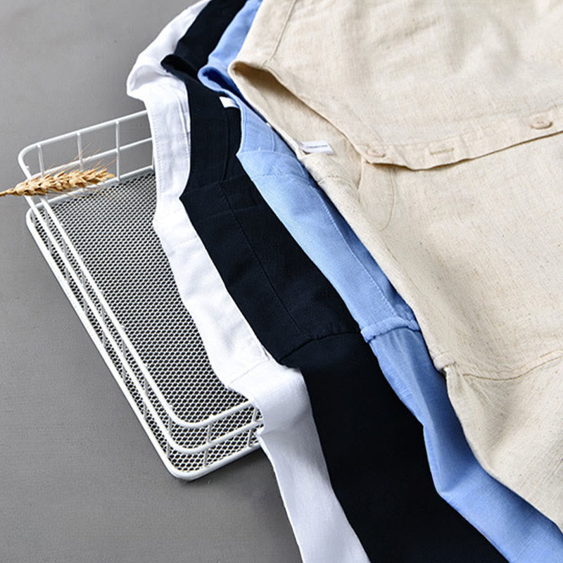 Men's Spring Pure Color Stand Collar Cotton Linen Long Sleeve Shirt
