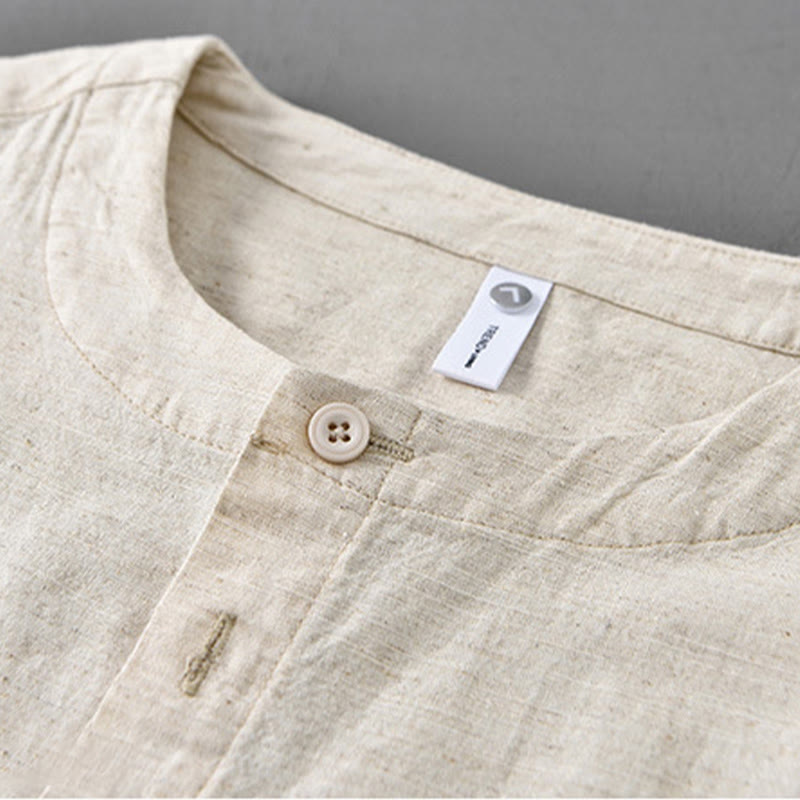 Men's Spring Pure Color Stand Collar Cotton Linen Long Sleeve Shirt