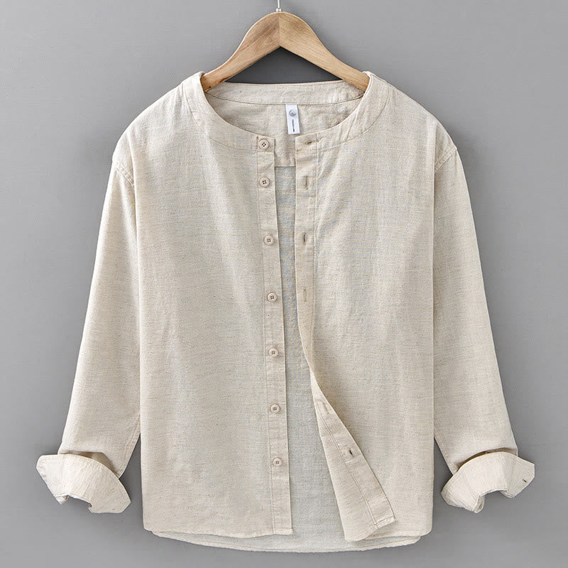 Men's Spring Pure Color Stand Collar Cotton Linen Long Sleeve Shirt