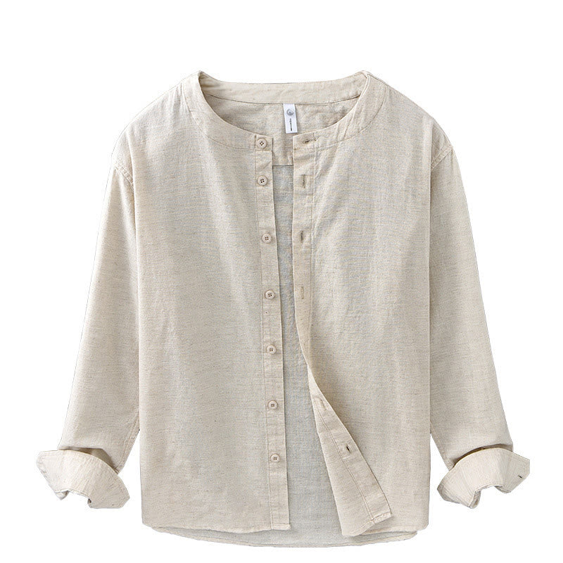 Men's Spring Pure Color Stand Collar Cotton Linen Long Sleeve Shirt