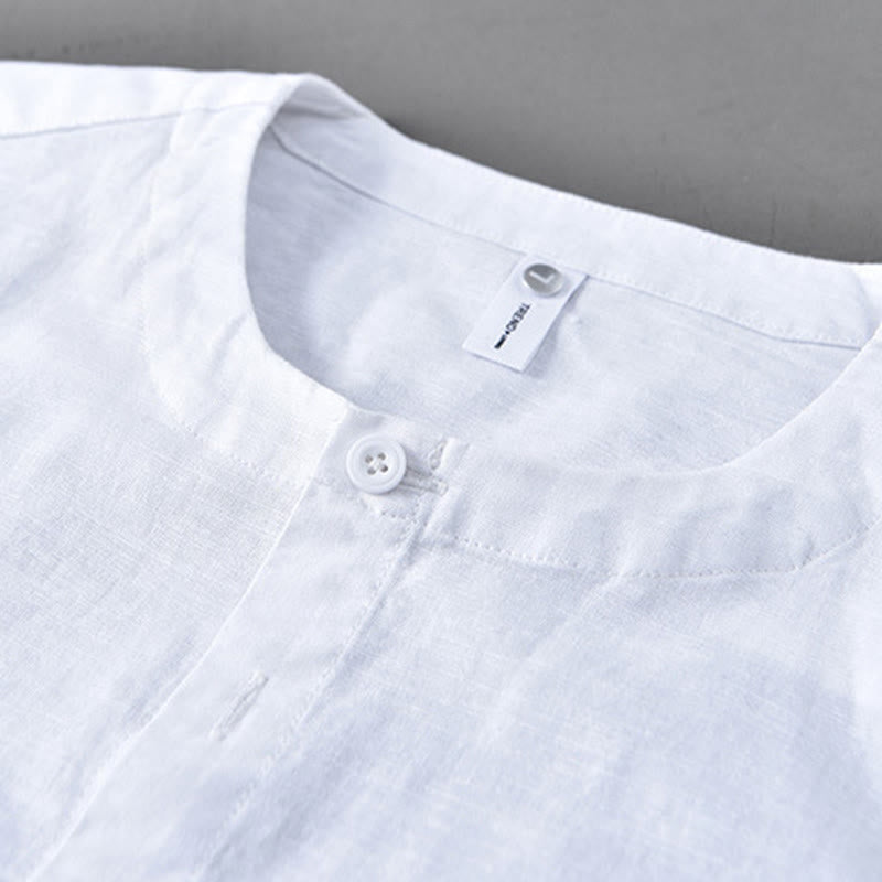 Men's Spring Pure Color Stand Collar Cotton Linen Long Sleeve Shirt