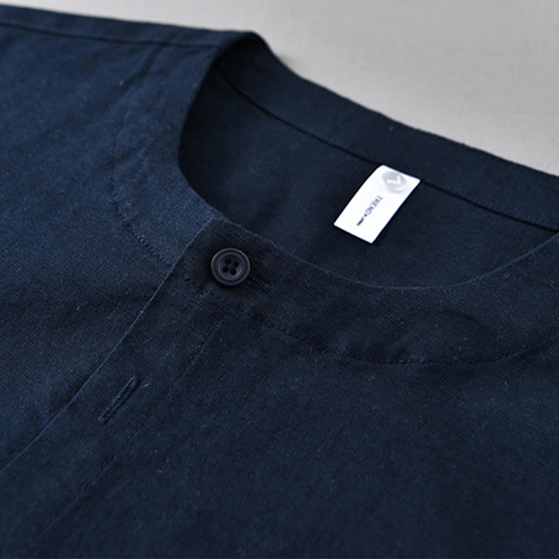Men's Spring Pure Color Stand Collar Cotton Linen Long Sleeve Shirt