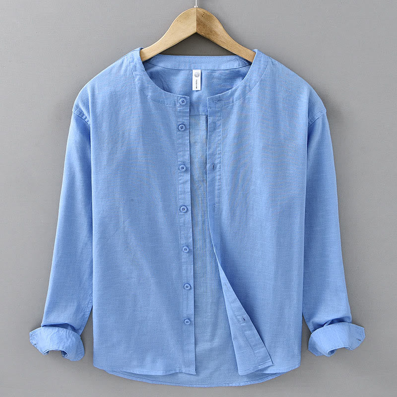 Men's Spring Pure Color Stand Collar Cotton Linen Long Sleeve Shirt