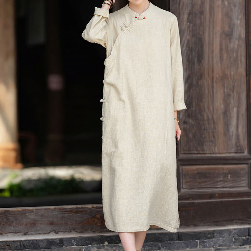 Tactile Cotton Linen Minimalist Frog Button Midi Dress