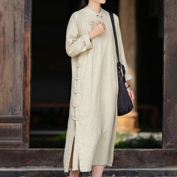 Tactile Cotton Linen Minimalist Frog Button Midi Dress