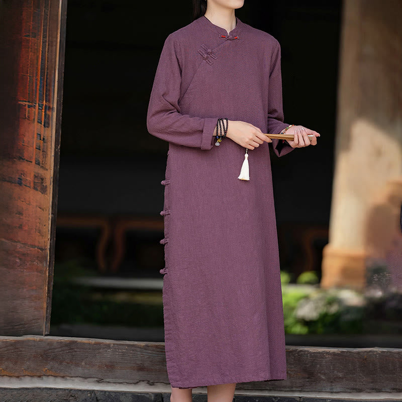 Tactile Cotton Linen Minimalist Frog Button Midi Dress