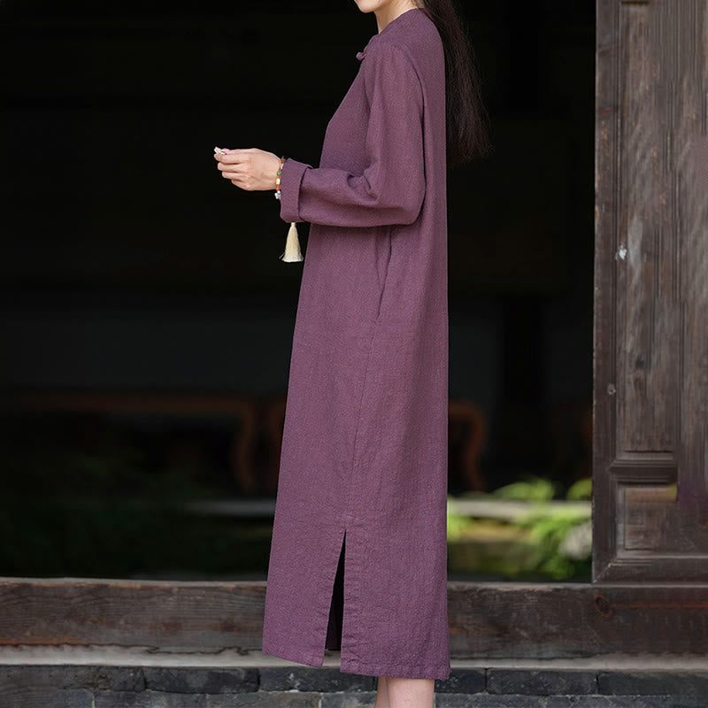 Tactile Cotton Linen Minimalist Frog Button Midi Dress