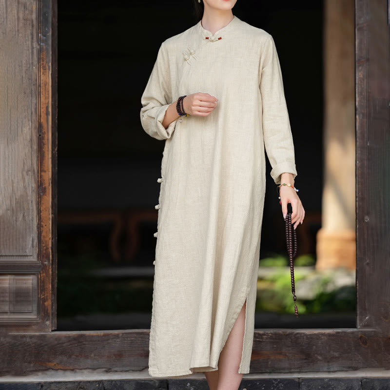 Tactile Cotton Linen Minimalist Frog Button Midi Dress