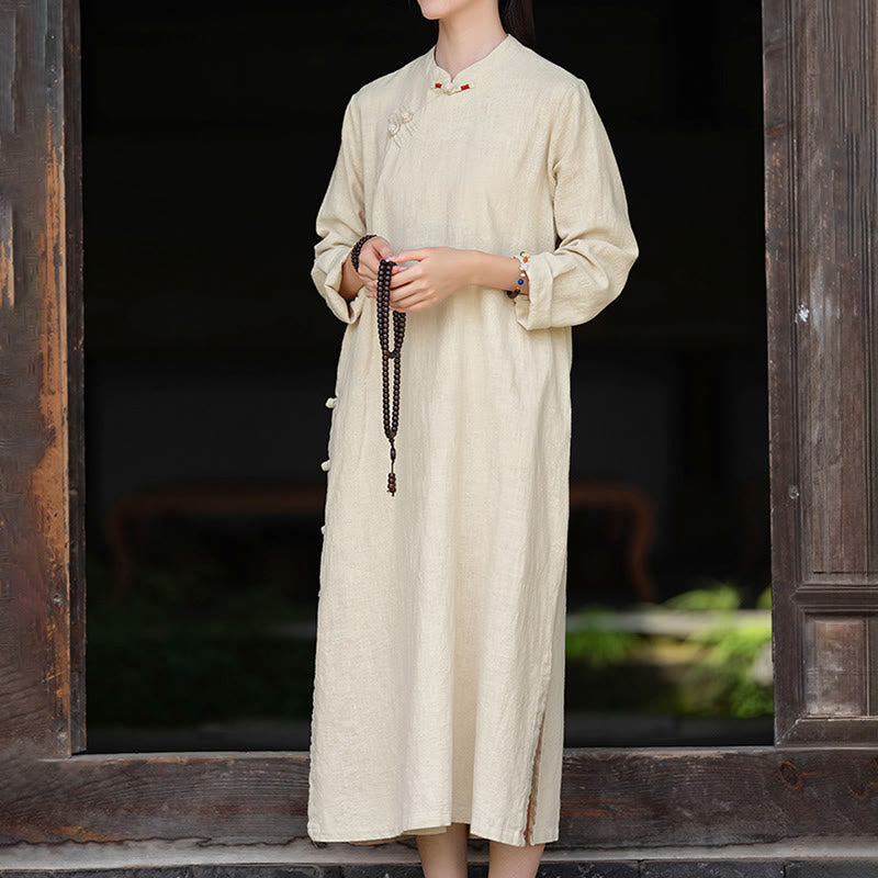 Tactile Cotton Linen Minimalist Frog Button Midi Dress