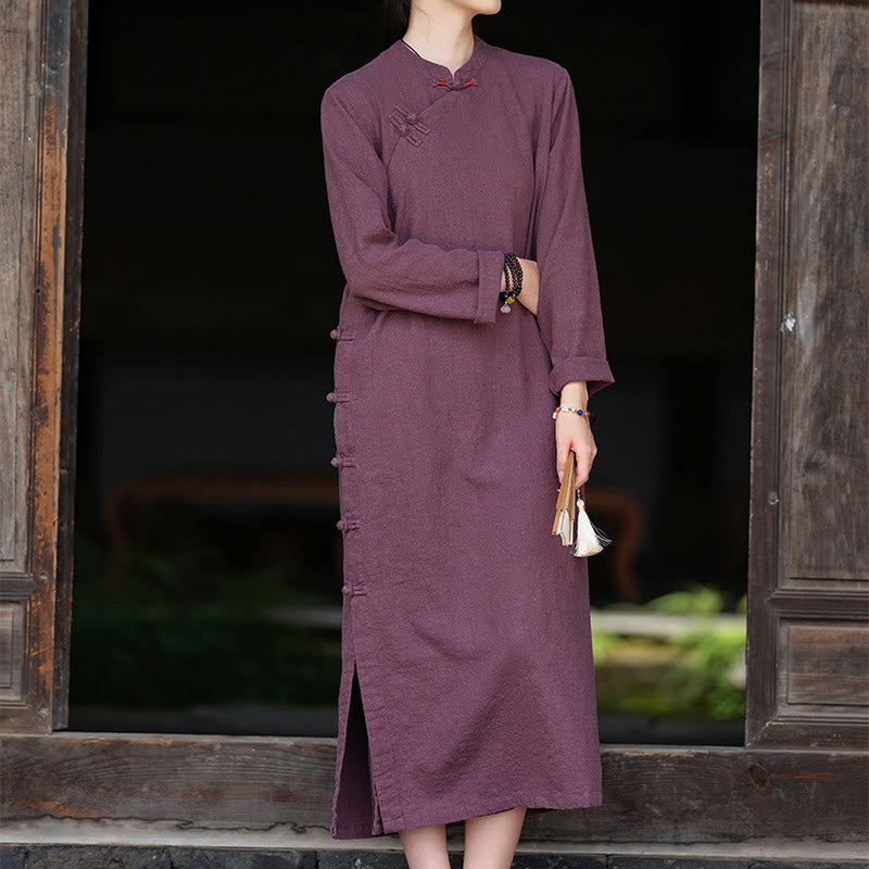 Tactile Cotton Linen Minimalist Frog Button Midi Dress