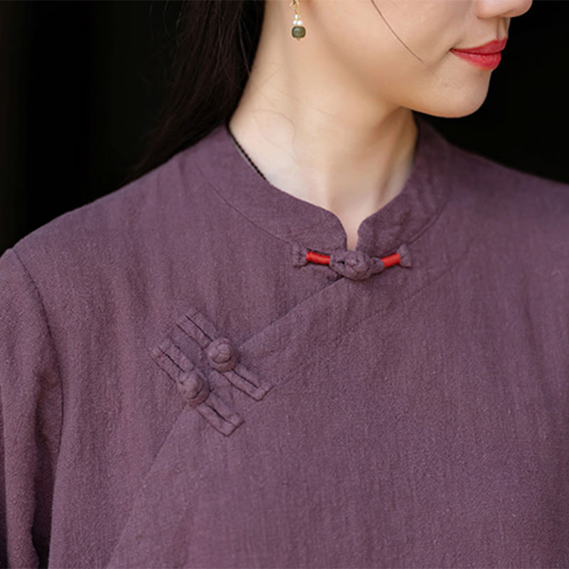 Tactile Cotton Linen Minimalist Frog Button Midi Dress