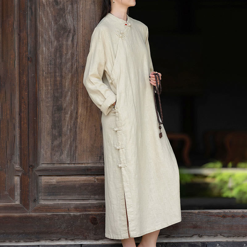 Tactile Cotton Linen Minimalist Frog Button Midi Dress