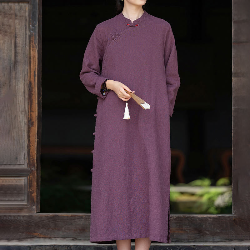 Tactile Cotton Linen Minimalist Frog Button Midi Dress