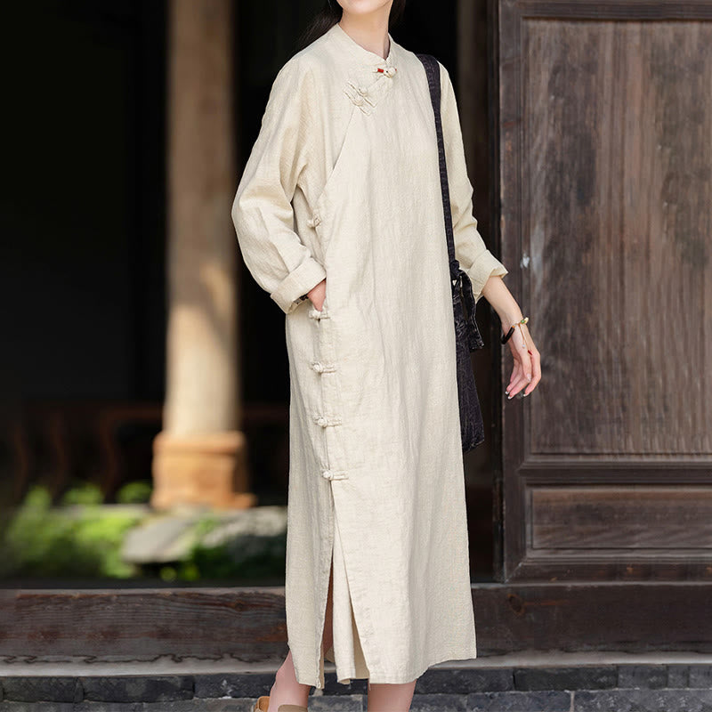 Tactile Cotton Linen Minimalist Frog Button Midi Dress