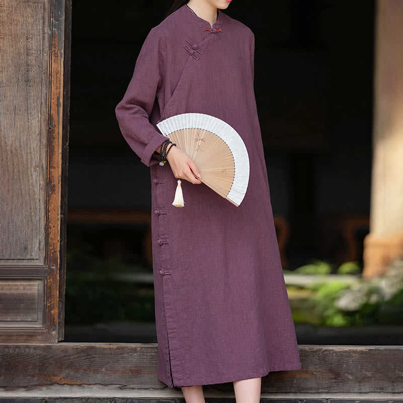 Tactile Cotton Linen Minimalist Frog Button Midi Dress