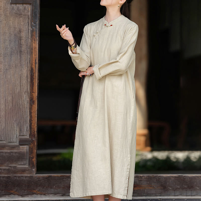 Tactile Cotton Linen Minimalist Frog Button Midi Dress