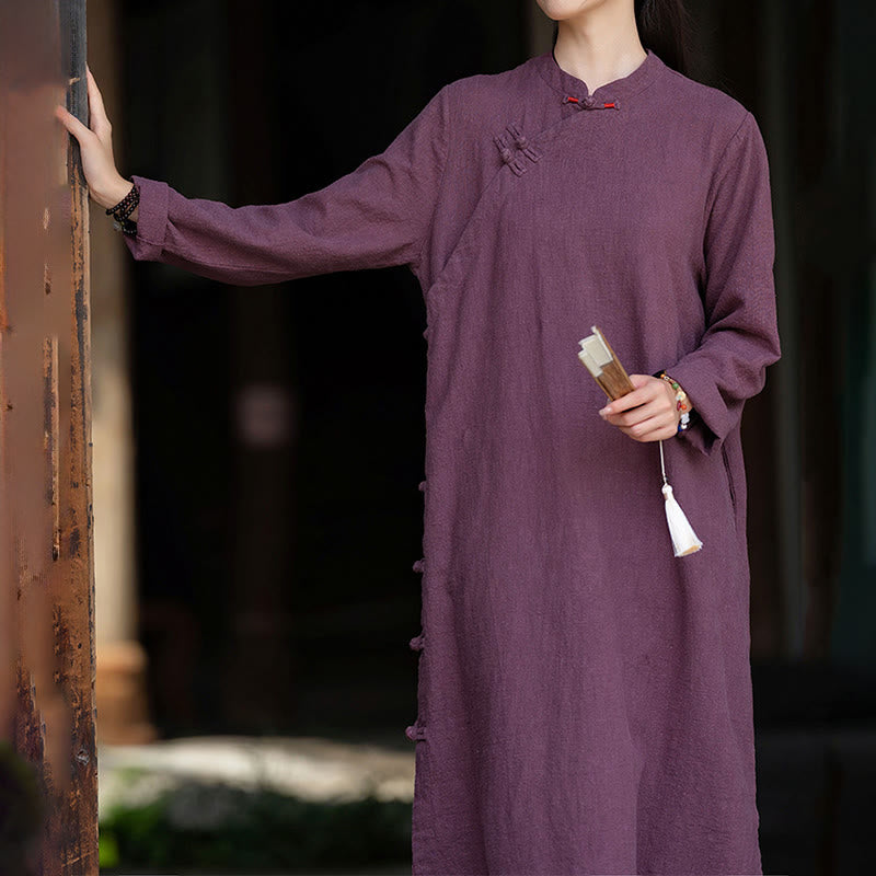 Tactile Cotton Linen Minimalist Frog Button Midi Dress