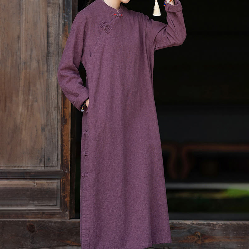 Tactile Cotton Linen Minimalist Frog Button Midi Dress