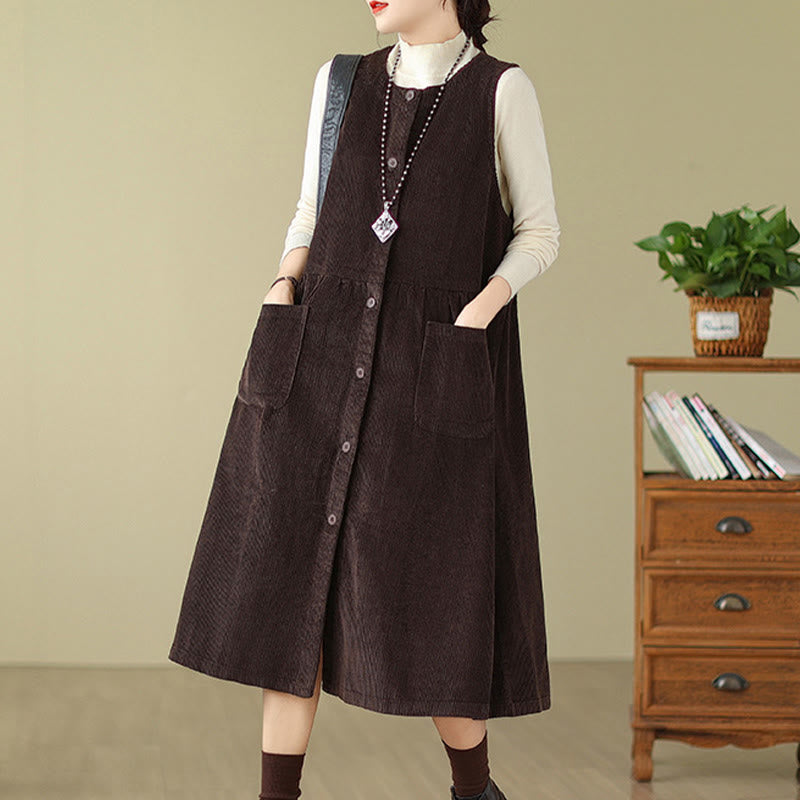 Fall Retro Buttons Design Cotton Corduroy Sleeveless Midi Dress With Pockets