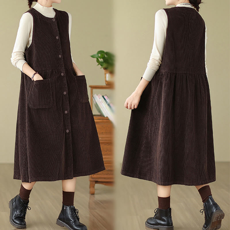 Fall Retro Buttons Design Cotton Corduroy Sleeveless Midi Dress With Pockets