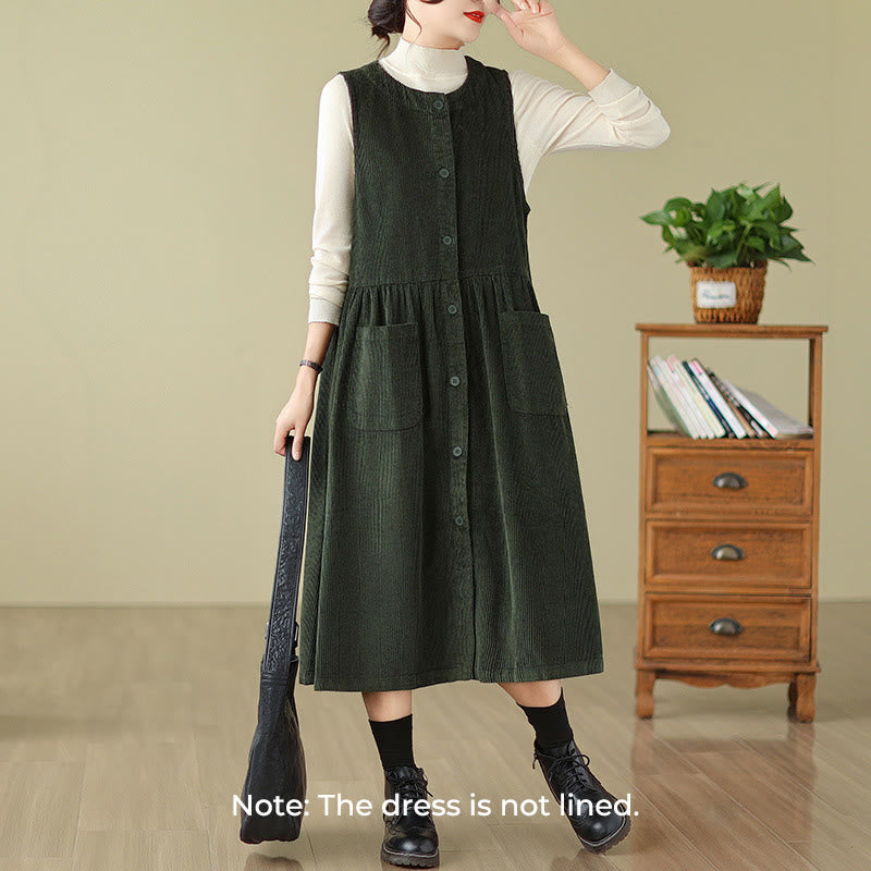 Fall Retro Buttons Design Cotton Corduroy Sleeveless Midi Dress With Pockets