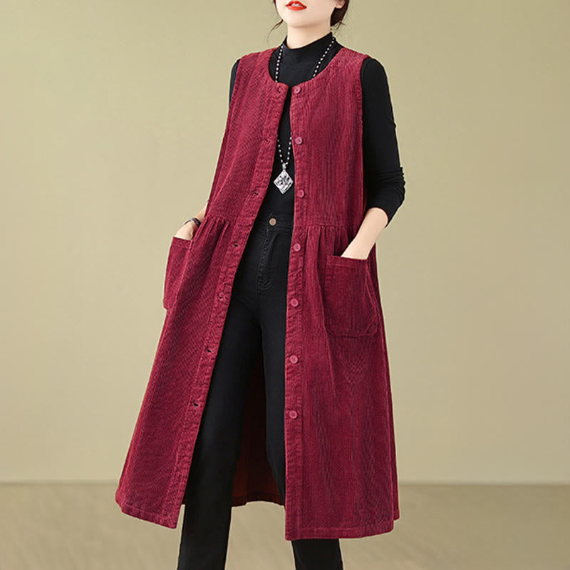 Fall Retro Buttons Design Cotton Corduroy Sleeveless Midi Dress With Pockets