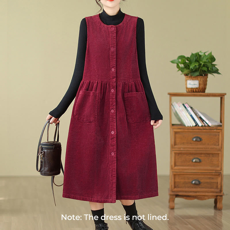 Fall Retro Buttons Design Cotton Corduroy Sleeveless Midi Dress With Pockets