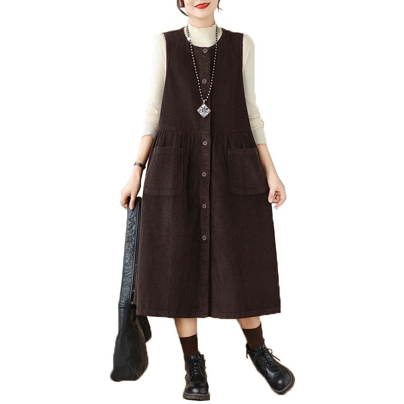 Fall Retro Buttons Design Cotton Corduroy Sleeveless Midi Dress With Pockets