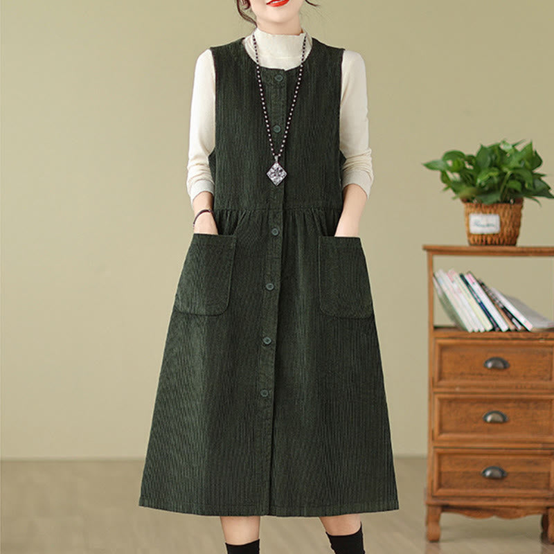 Fall Retro Buttons Design Cotton Corduroy Sleeveless Midi Dress With Pockets