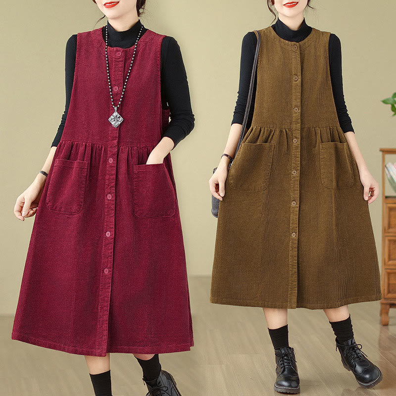 Fall Retro Buttons Design Cotton Corduroy Sleeveless Midi Dress With Pockets