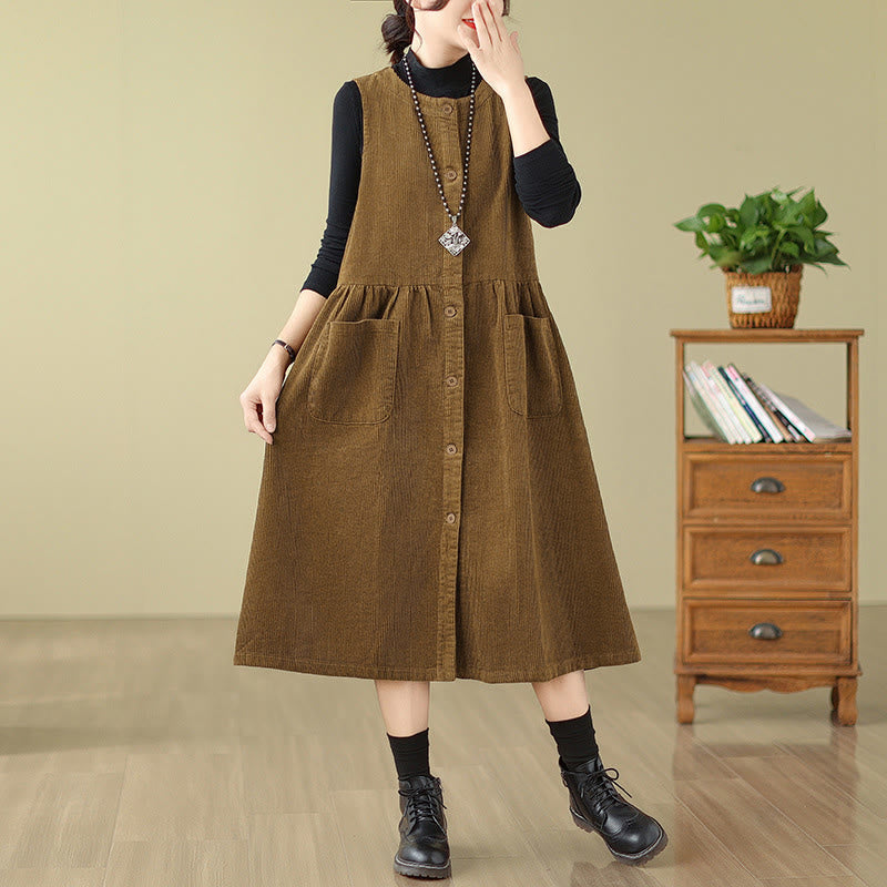 Fall Retro Buttons Design Cotton Corduroy Sleeveless Midi Dress With Pockets