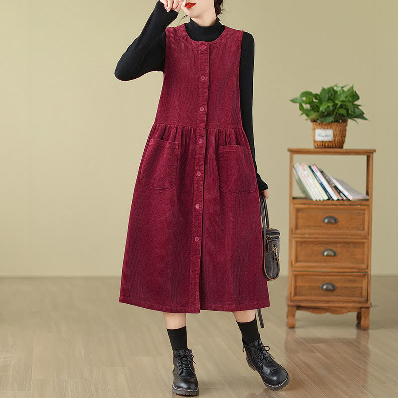 Fall Retro Buttons Design Cotton Corduroy Sleeveless Midi Dress With Pockets
