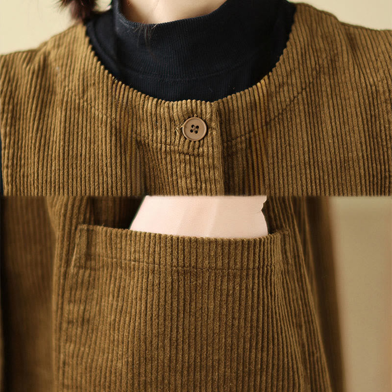 Fall Retro Buttons Design Cotton Corduroy Sleeveless Midi Dress With Pockets