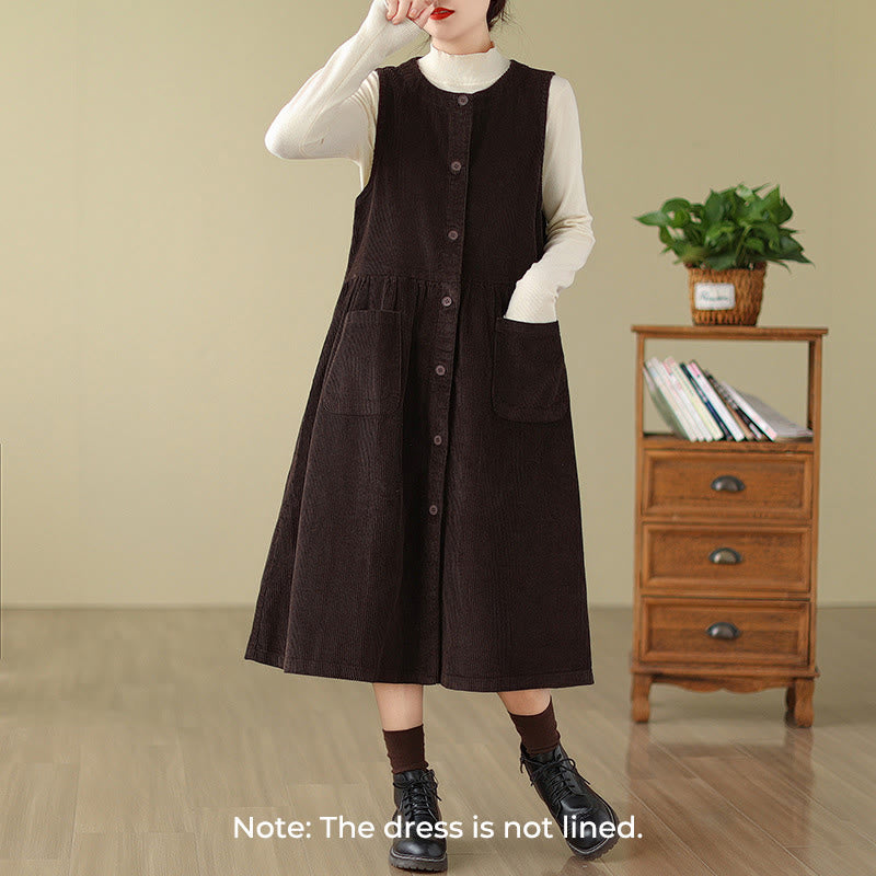 Fall Retro Buttons Design Cotton Corduroy Sleeveless Midi Dress With Pockets